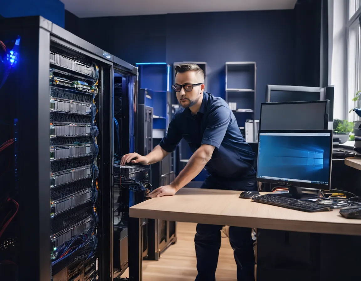 IT-Techniker baut NAS-System in Berliner Buero ein