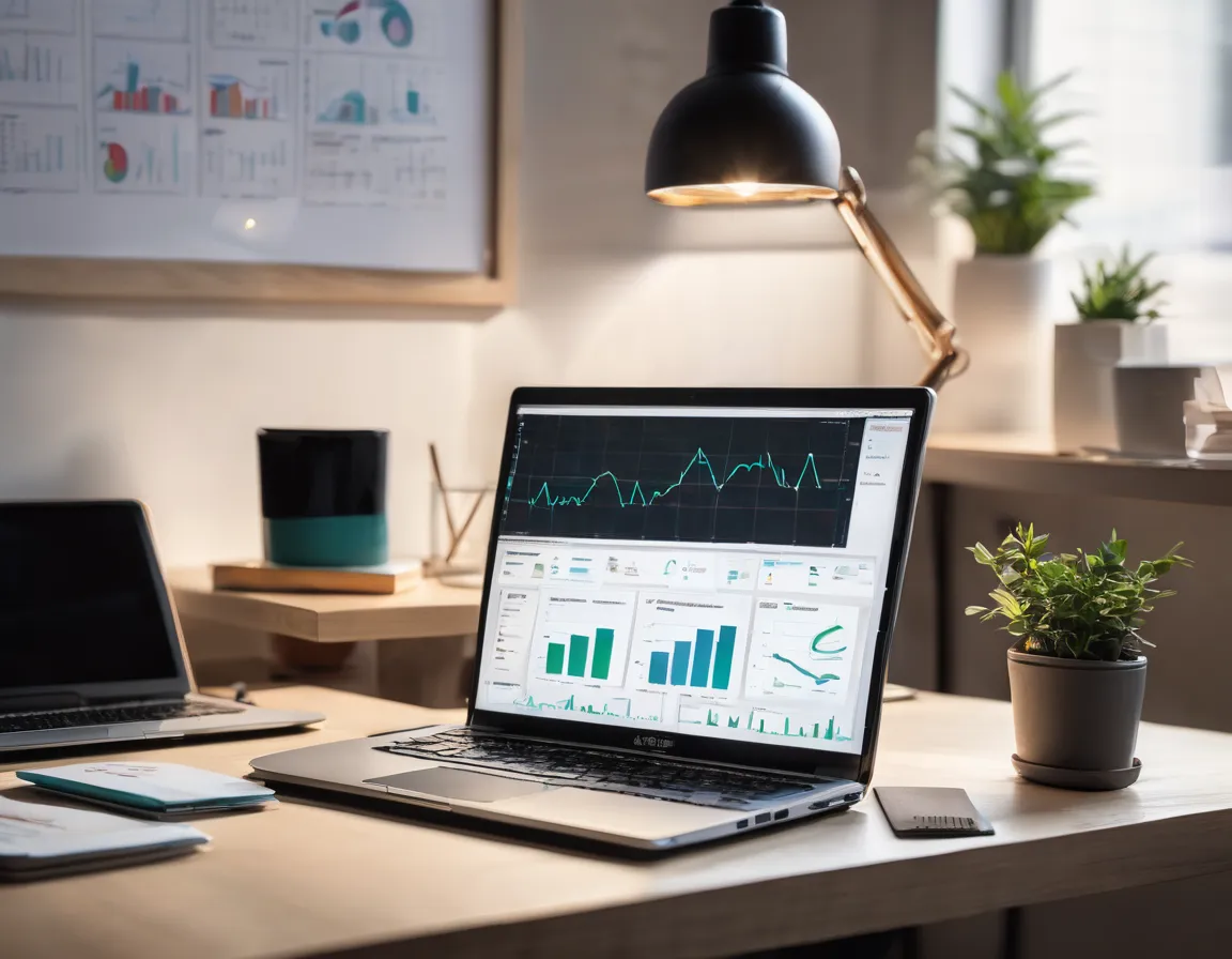 Laptop mit KI-Dashboard auf pragmatischem Buero-Schreibtisch