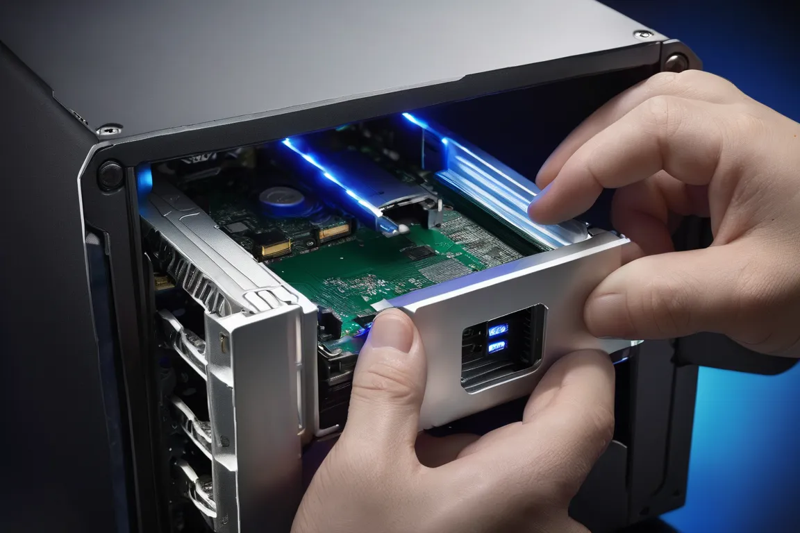 Festplatte wird in NAS-Geraet eingeschoben — professionelle Datensicherung